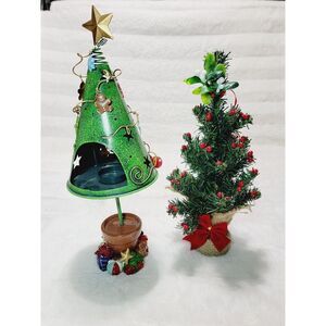 Vintage Christmas Tree Miniature Lot Of 2 Artificial And Metal Candle Holder